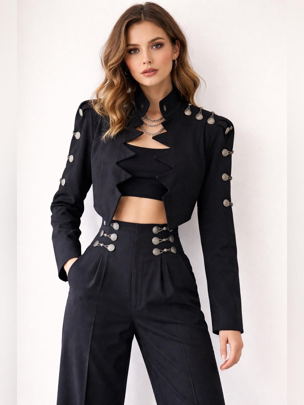 Vintage 80’s Caché Cropped Black Military-Inspired Jacket and Pant Set